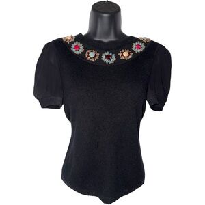 Whimsigoth Beaded‎ Silk Cashmere Black Knit Women's Top Mesh Puff Sleeves